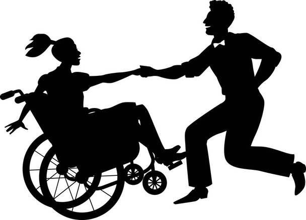 車椅子の若い障害者の女性は、パートナー、 EPS 8ベクトルシルエット、白いオブジェクトとリンディホップやスイングを踊る - ベクター画像