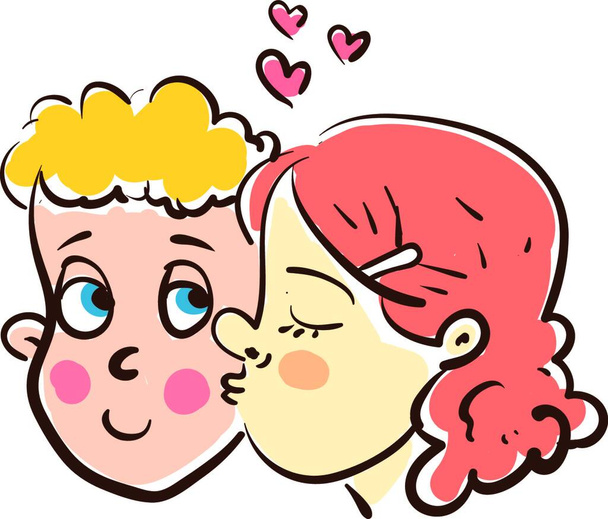 A red haired girl kissing a boy with a blonde hair, vector, color drawing or illustration. - Вектор, зображення