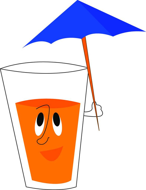 A cartoon of a glass with orange juice holding a blue cocktail umbrella, vector, color drawing or illustration. - Vettoriali, immagini