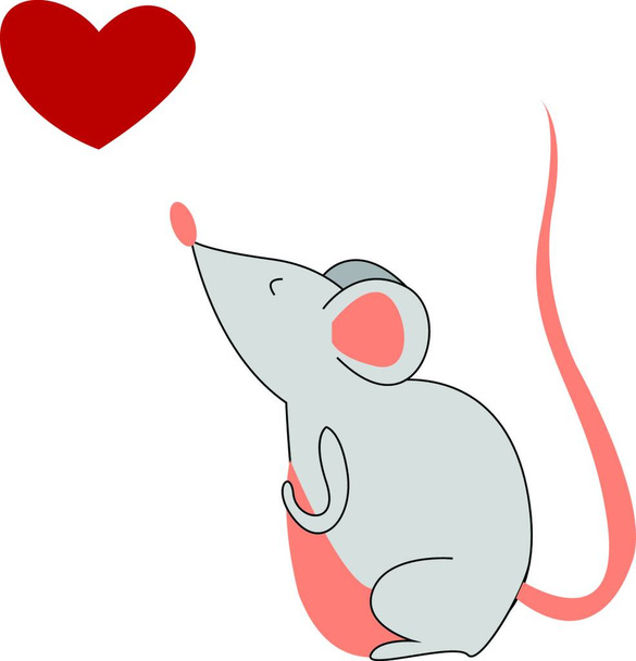 A gray mouse with a brown tail and a big red heart, vector, color drawing or illustration. - Vecteur, image