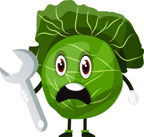 Cabbage is holding a monkey wrench, illustration, vector on white background. - Διάνυσμα, εικόνα