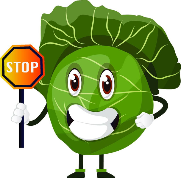 Cabbage is holding a stop sign, illustration, vector on white background. - Διάνυσμα, εικόνα