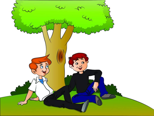 Vector illustration of curious boys relaxing under a tree. - Vektör, Görsel