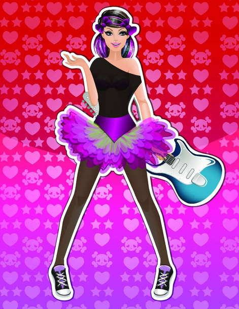 Emo Girl, Rockstar, with Electric Guitar, Wearing a Ballet Tutu Outfit, vector illustration - Vettoriali, immagini