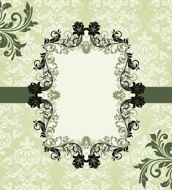 Vintage invitation card with ornate elegant abstract floral design, black and greenish gray flowers on pale green background with ribbon. Vector illustration. - Vector, Imagen