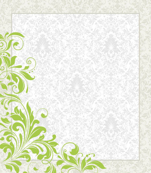 Vintage invitation card with ornate elegant abstract floral design, olive green flowers on pale green background with frame. Vector illustration. - Vector, Image