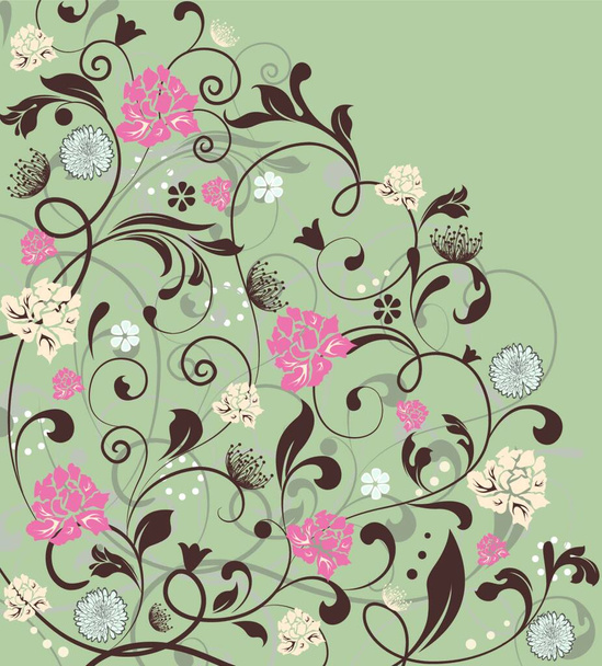 Vintage invitation card with ornate elegant retro abstract floral design, multi-colored flowers on laurel green background. Vector illustration. - Vector, Image