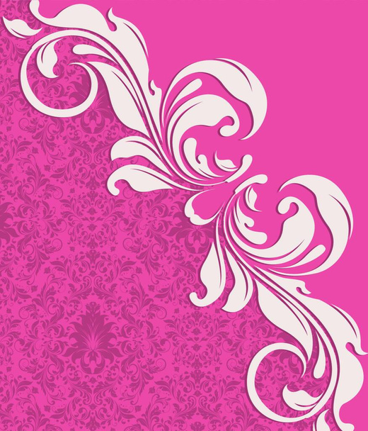 Vintage invitation card with ornate elegant abstract floral design, white and raspberry rose flowers on candy pink background. Vector illustration. - Vetor, Imagem