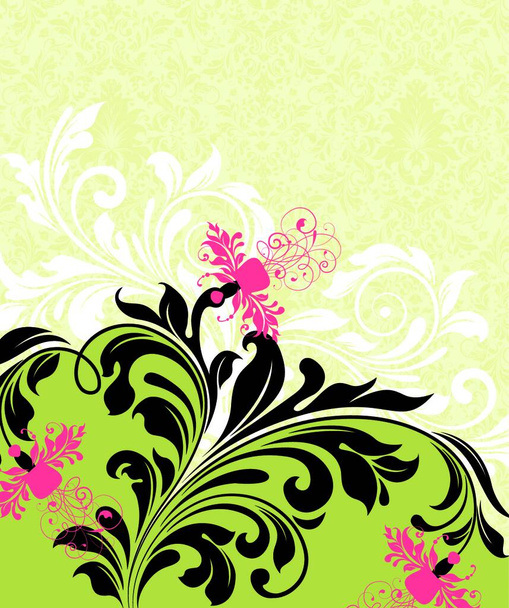 Vintage invitation card with ornate elegant retro abstract floral design, fuschia pink and black flowers on pale yellow and yellow green background. Vector illustration.. - Vetor, Imagem