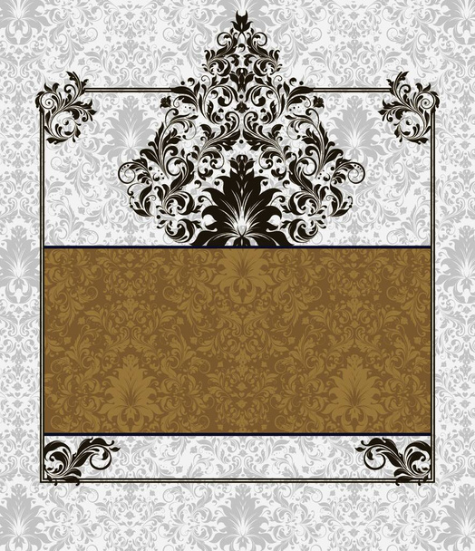 Vintage invitation card with ornate elegant abstract floral design, brown flowers on light gray background with frame. Vector illustration. - Вектор, зображення