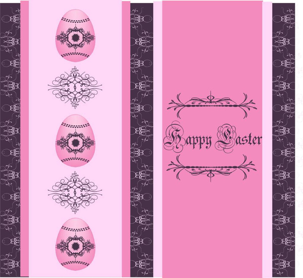Vintage easter invitation card with ornate elegant abstract floral design, pink peach eggs on purple. Vector illustration. - Vector, imagen