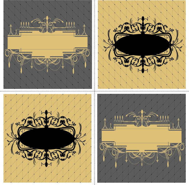Set of four (4) vintage labels with ornate elegant abstract floral designs, black brown gray. Vector illustration.. - Вектор,изображение