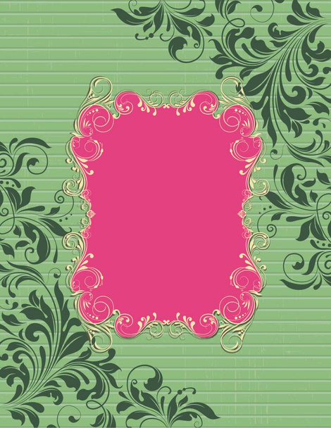 Vintage invitation card with ornate elegant retro abstract floral design, yellow and dark forest green flowers and leaves on coral pink and laurel green background with stripes and frame text label. Vector illustration. - Вектор,изображение