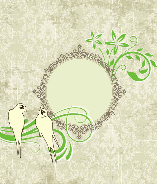 Vintage invitation card with ornate elegant retro abstract floral design, green and gray flowers and leaves on textured pale olive green background with birds and round text label. Vector illustration.. - Вектор, зображення