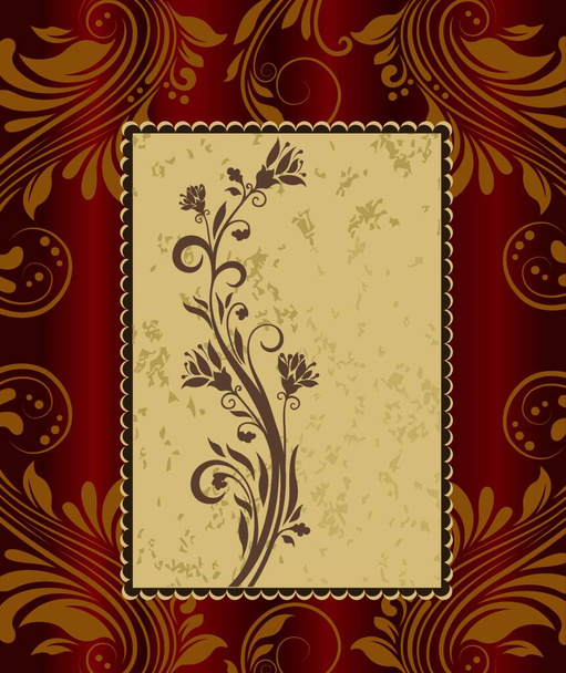 Vintage invitation card with ornate elegant retro abstract floral design, brown flowers and leaves on light brown background with frame text label on shiny royal red and gold background. Vector illustration.. - Vector, imagen