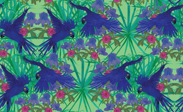 bezešvé vzor s hyacinyh ARA, květiny a palmového listí. - Vektor, obrázek