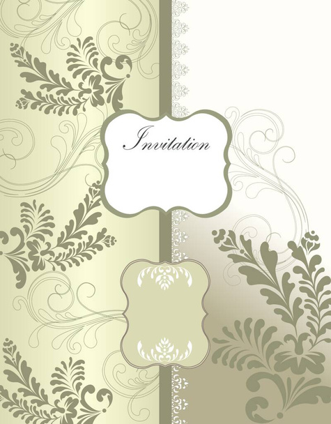 Vintage invitation card with ornate elegant retro abstract floral design, gray flowers and leaves on pale gold and light gray background with plaque text label. Vector illustration.. - Вектор,изображение