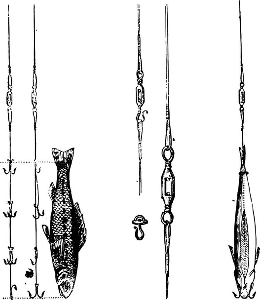 Fig 1 Fish bait and the two systems to kill the devil, Fig 2 Swivels diverse, Fig 3 Fishing ratchet has Troling, vintage engraved illustration. Magasin Pittoresque 1867. - Wektor, obraz