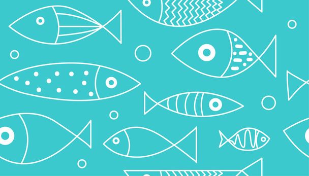 Cartoon seamless pattern with hand drawn fish for print, wallpaper, textiles or fabric. Doodle background with sea animals. Banner with seafood. Vector illustration - Vecteur, image