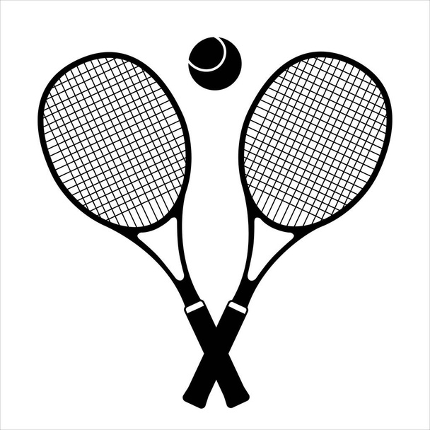 テニスラケットが交差し、ボールのシルエットは、白い背景に孤立アイコン。シンプルなフラットデザイン。不可欠なバドミントンスポーツゲーム機器.  - 写真・画像