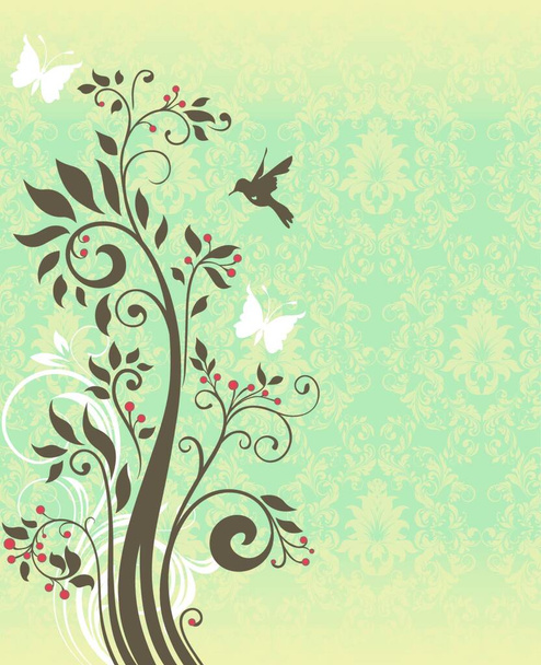 Vintage invitation card with ornate elegant retro abstract floral tree design, light brown tree with flowers and leaves on pale green and yellow background with butterflies and text label. Vector illustration.. - Vector, imagen