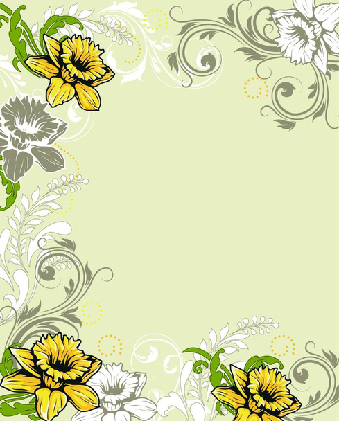 Vintage invitation card with ornate elegant retro abstract floral design, white gray and yellow orange flowers and leaves on pale green background with text label. Vector illustration.. - Vektör, Görsel