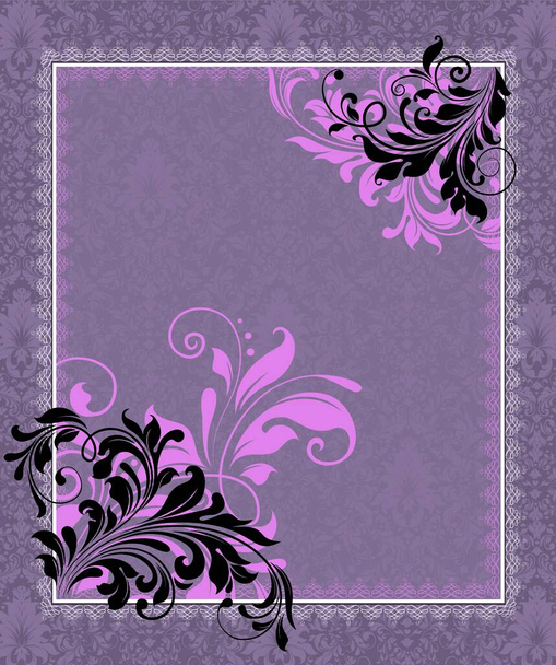 Vintage invitation card with ornate elegant retro abstract floral design, black and pink flowers and leaves on purple violet background with frame border. Vector illustration. - Vector, Image
