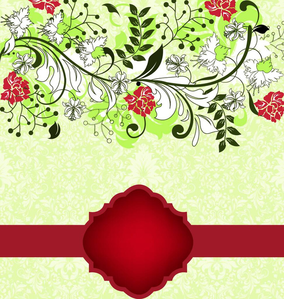 Vintage invitation card with ornate elegant retro abstract floral design, multi-colored flowers and leaves on pale yellow green background with red ribbon label. Vector illustration. - Vektor, obrázek