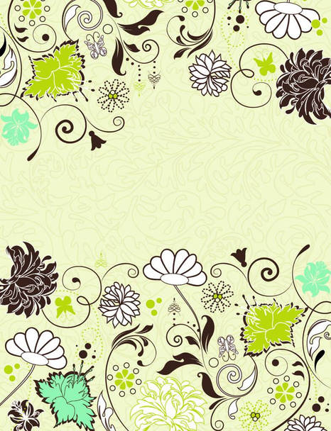 Vintage invitation card with ornate elegant retro abstract floral design, multi-colored flowers and leaves on pale yellow green background with text label. Vector illustration. - Wektor, obraz