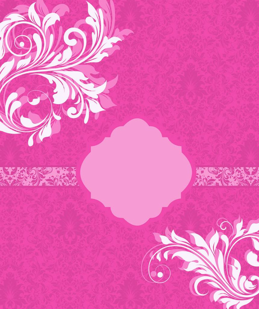 Vintage cartão de convite com ornamentado elegante retro design floral abstrato, flores brancas e rosa e folhas em fundo rosa doce com fita e placa rótulo de texto. Ilustração vetorial
. - Vetor, Imagem