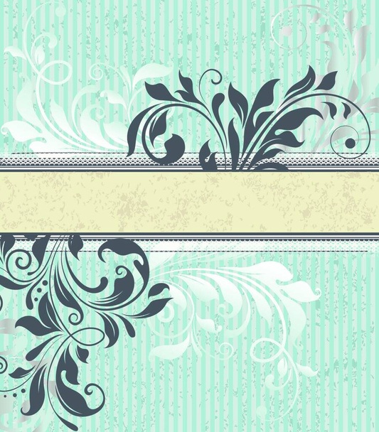 Vintage invitation card with ornate elegant retro abstract floral design, gray and white flowers and leaves on striped light blue background with pale yellow ribbon text label. Vector illustration. - Wektor, obraz