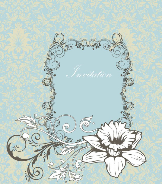 Vintage invitation card with ornate elegant retro abstract floral design, white and gray flowers and leaves on pale yellow and blue background with frame text label. Vector illustration.. - ベクター画像