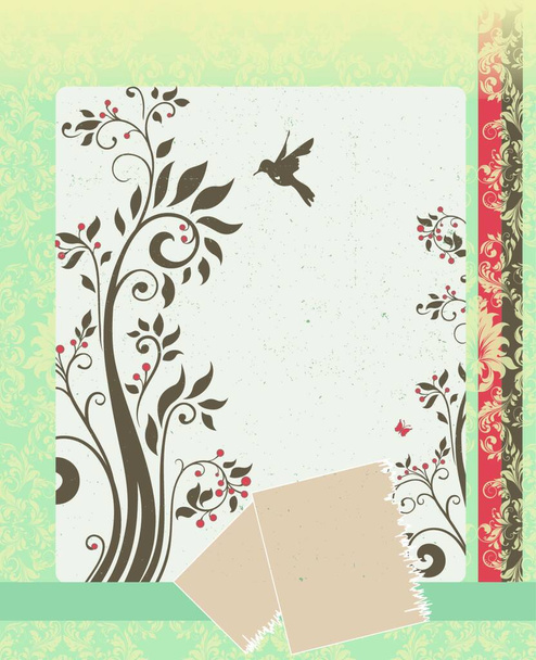 Vintage invitation card with ornate elegant retro abstract floral design, red and gray flowers and leaves on pale yellow and blue background with bird stripes note cards and text label. Vector illustration.. - Vector, Image
