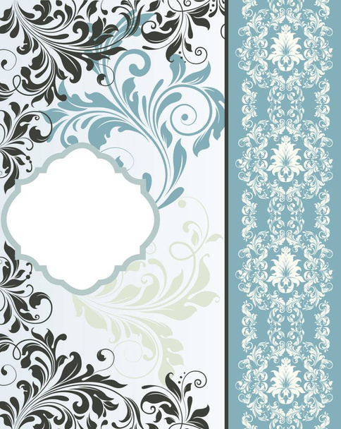 Vintage invitation card with ornate elegant retro abstract floral design, light gray dark gray and bluish gray flowers and leaves on pale blue and bluish gray background with divider and plaque text label. Vector illustration.. - Вектор,изображение