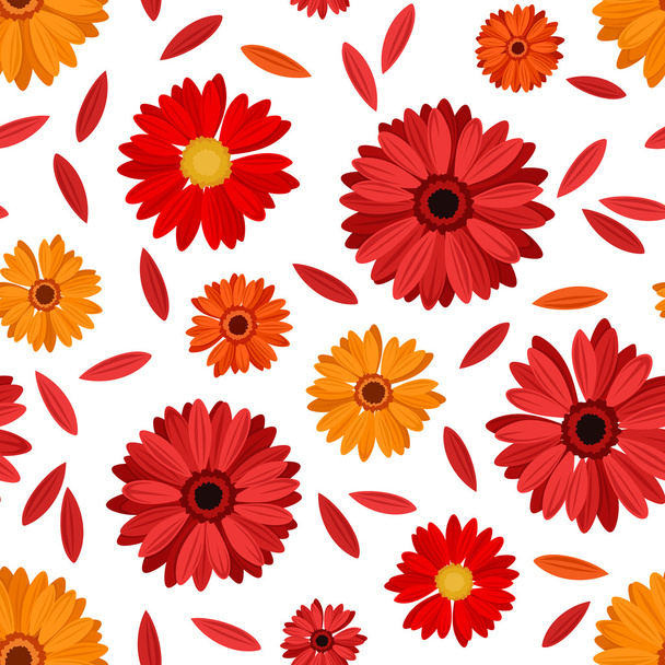 Seamless pattern with red and orange gerbera flowers and petals. Vector illustration. - Vecteur, image