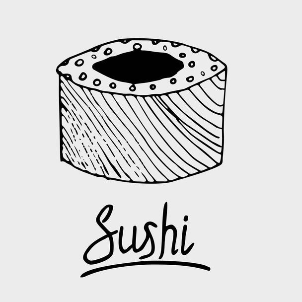 Sushi maki, cuisine japonaise. Rouleau, dessiné à la main sur fond blanc - Vecteur, image