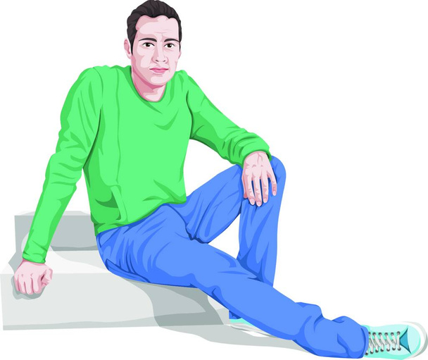 Vector illustration of stylish young man sitting on steps. - Vector, imagen