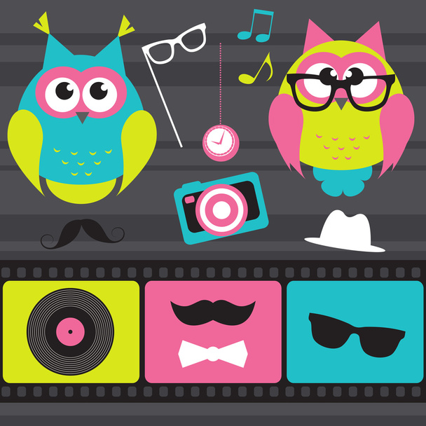 Set of retro elements and owls - Vector, afbeelding