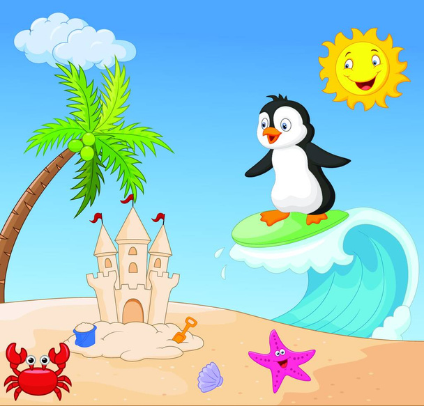 Happy penguin cartoon surfing - Вектор, зображення