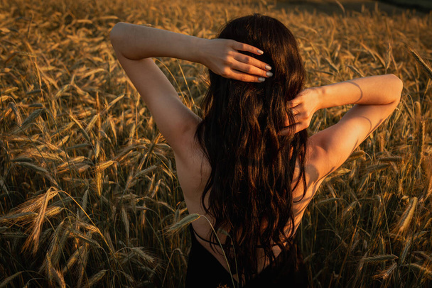 naplemente, a búzamezőn egy fiatal, gyönyörű, érzelmes lány - egy barna hajú nő áll a hátával és tartja a kezét a feje mögött. Béke, öröm, természet - Fotó, kép