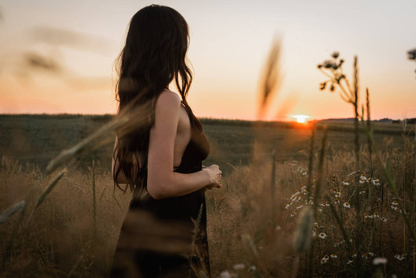 sunset, on a wheat field a young, beautiful, emotional girl - a brunette with long hair turned her back and goes to the sun. Peace, joy, nature, black and white photo - Photo, Image