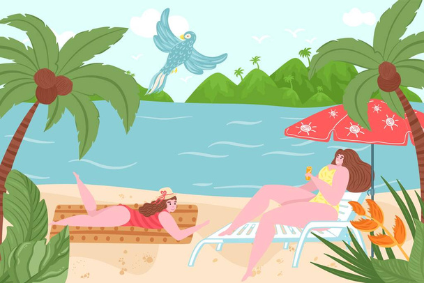 Mulher personagem namorada juntos relaxar quente tropical país praia, encantador romântico ao ar livre lugar plana vetor ilustração, atividade de lazer. - Vetor, Imagem