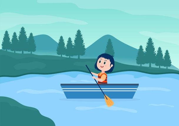 Rafting fondo Dibujos animados planos Vector Ilustración con la gente hacer actividades Deportes acuáticos en el medio del lago, piragüismo, Sentado en barco y sosteniendo paletas - Vector, imagen
