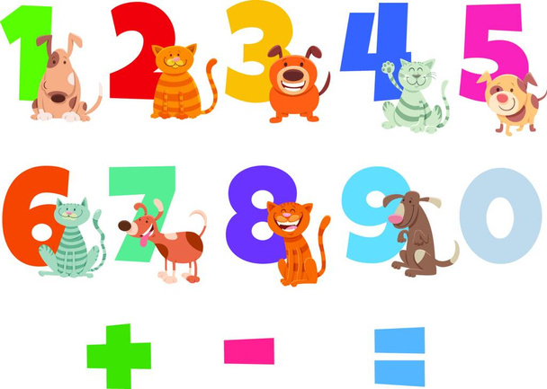 Cartoon Illustration of Numbers Set from Zero to Nine with Happy Cats and Dogs Pet Animal Characters - Vettoriali, immagini