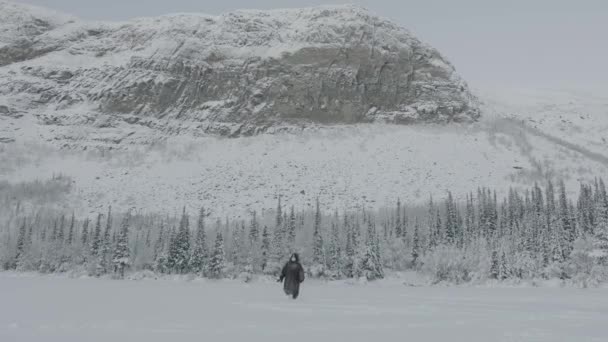 Een man in een met sneeuw bedekte jas en een beschermend masker gaat door de sneeuw tegen de achtergrond van een bos en een berg. Eenzaamheid concept. Privacy. Verlaten. Depressie. Spiritueel - Video