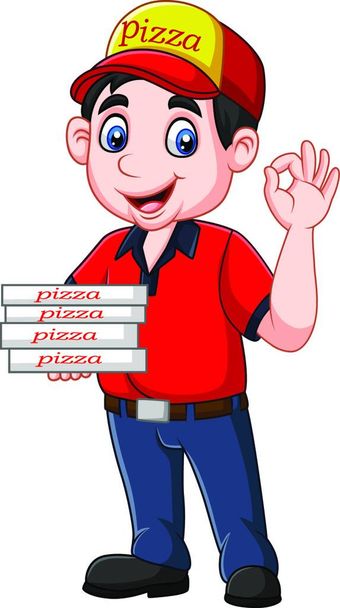 Cartoon pizza deliveryman showing ok sign - Вектор,изображение