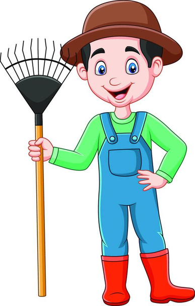 Cartoon farmer holding a rake - Vetor, Imagem