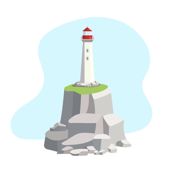 Lighthouse on a rock against the blue sky. Vector illustration isolated on white background. - Vektor, obrázek