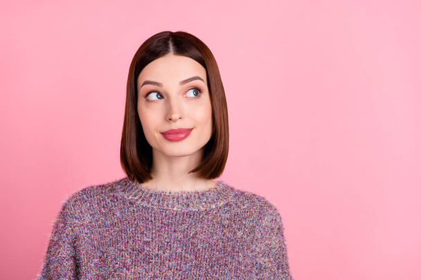 Photo of lovely curious dreamy lady look up empty space think wear knitted sweater isolated pink color background - Fotó, kép