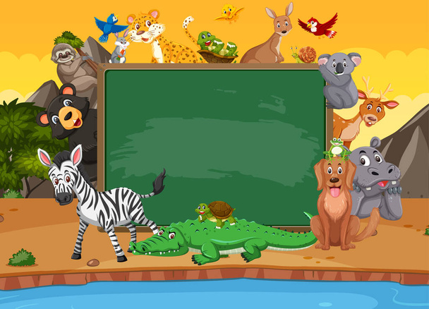 Пустой доске с различными дикими животными в лесу иллюстрации - Вектор,изображение